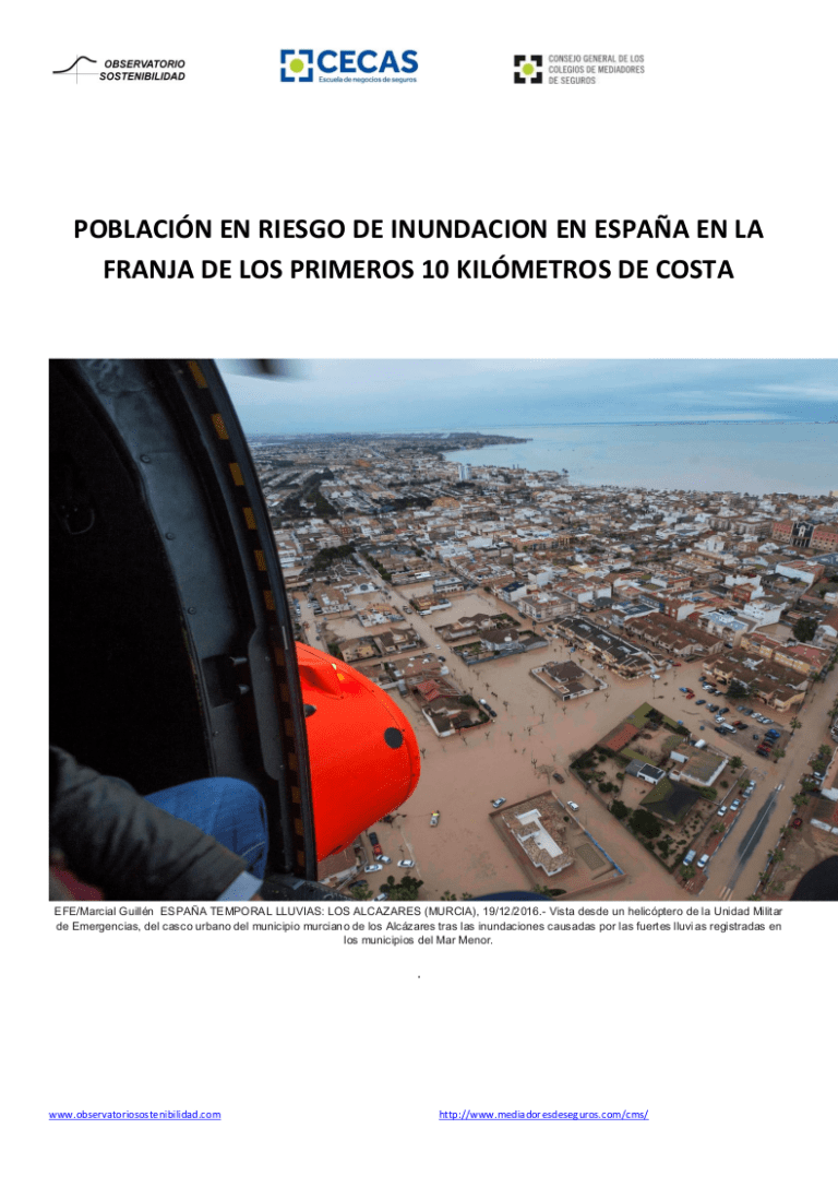 Población en riesgo de inundación en España en la franja  de los primeros 10 km de costa